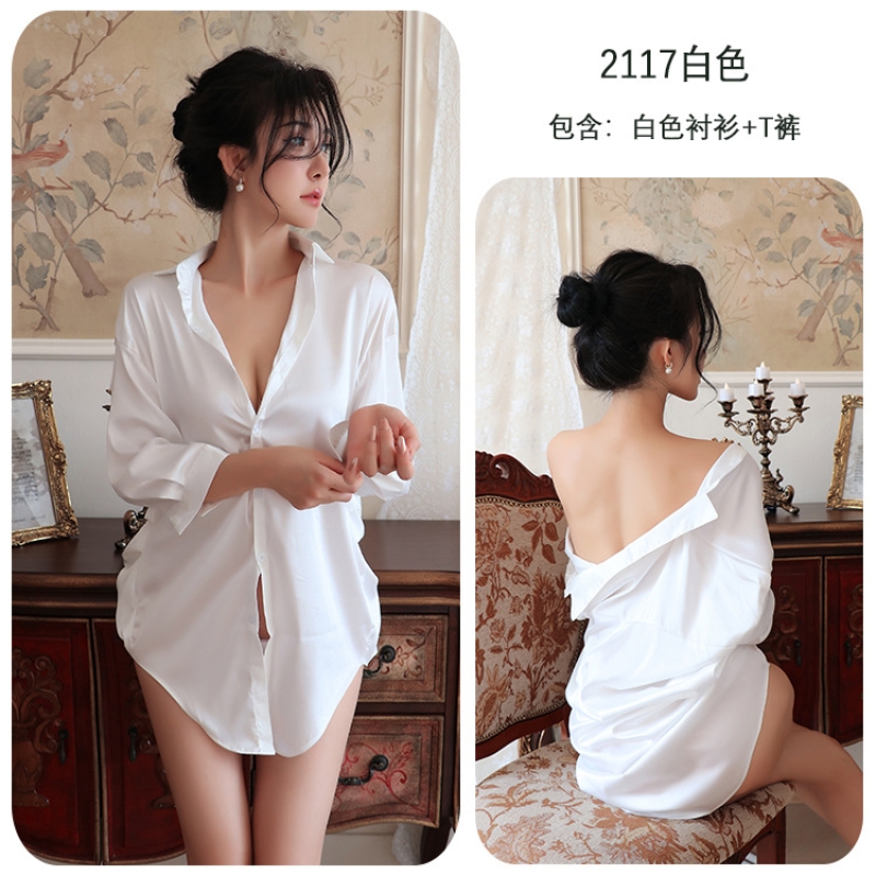 长夜漫漫情趣内衣纯欲性感男友风衬衫深V宽松大码女式家居服2117 白色衬衫(不含领带) 均码(80-130斤)