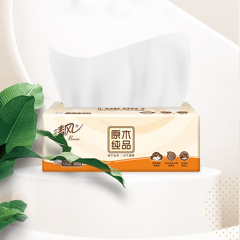 清风抽纸原木纯品可湿水卫生纸3层100抽*30包BR12XSC30BC(包装随机)