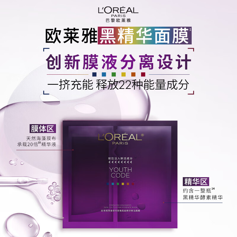 欧莱雅(L’OREAL)补水保湿修护舒缓青春密码黑精华面膜4.0版1片 体验装高清大图