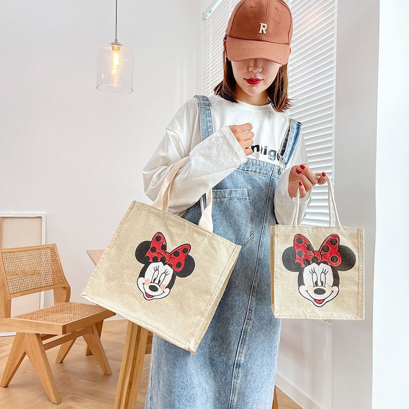 饭便当包学生上课手绘涂鸦米奇麻布手提帆布袋黑色米奇头小号无需diy