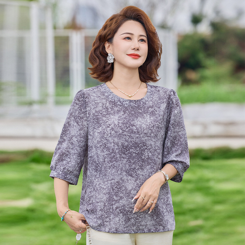 纤孜雅 夏季新款中老年妈妈装七分袖打底衫圆领宽松休闲减龄小衫透气上衣高清大图