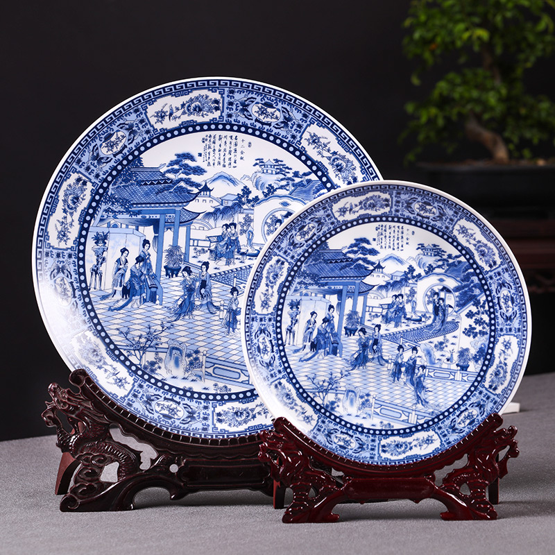 景德镇陶瓷器 仿古青花瓷挂盘摆盘装饰盘子摆件 新中式客厅装饰品 三维工匠 26CM青花十二金钗挂盘+龙头架高清大图