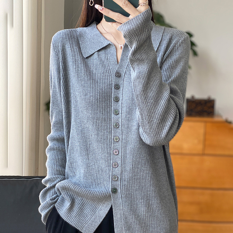 精纺羊毛纯色女翻领长袖开衫针织衬衫毛衣上衣多扣设计感显瘦修身