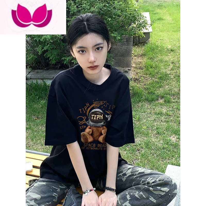 七斓夏季美式oversize潮牌ins短袖T恤女2023新款休闲宽松chic黑色上衣