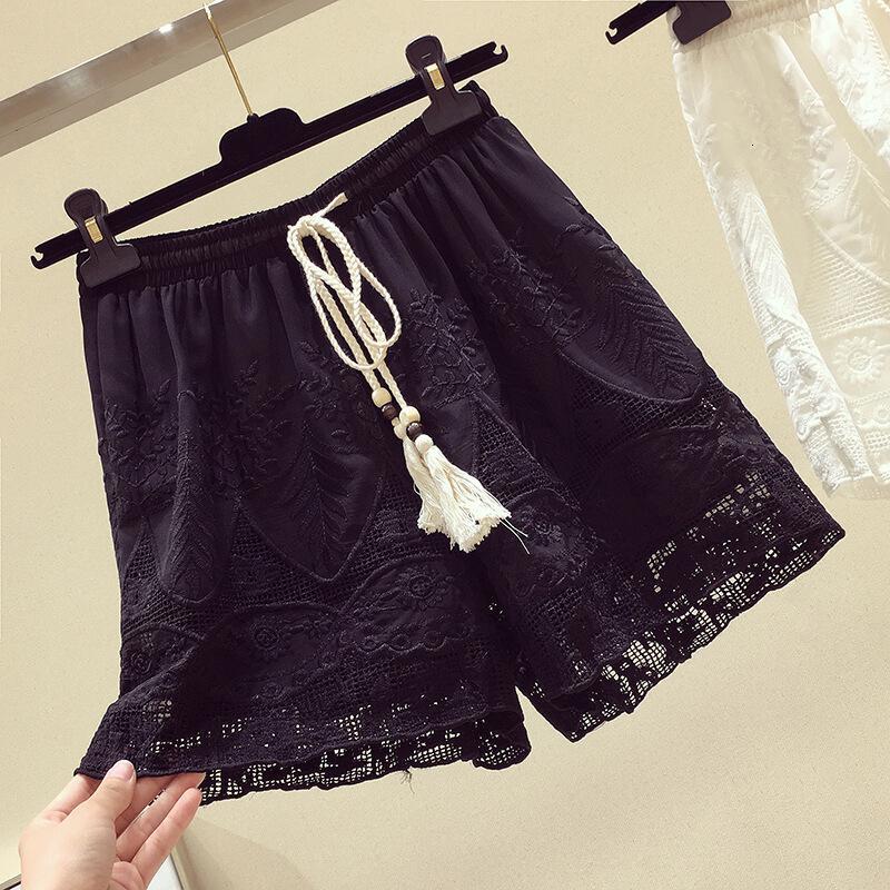休闲裤女夏季2018新款韩版松紧腰流苏系带短裤蕾丝镂空学生热裤潮