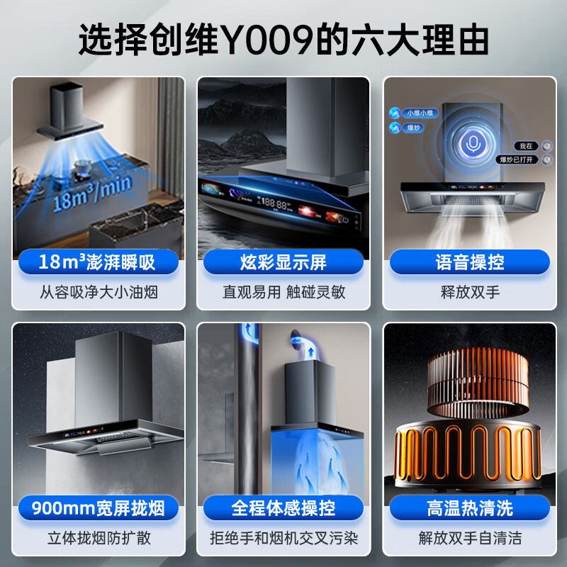 创维(Skyworth)Y009 欧式顶吸式吸油烟机家用 18立方爆炒大吸力抽油烟机 自动清洗 挥手体感触控