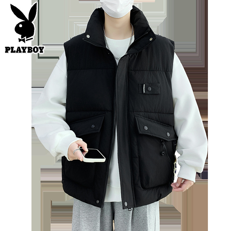 花花公子新款高品质M-329工装马甲男立领大口袋潮流青少年加厚保暖单穿冬季坎肩单穿高清大图