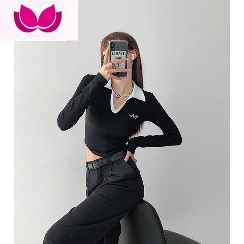 七斓冬纯欲风性感长袖翻领紧身露脐polo打底短款上衣女设计感T恤图片