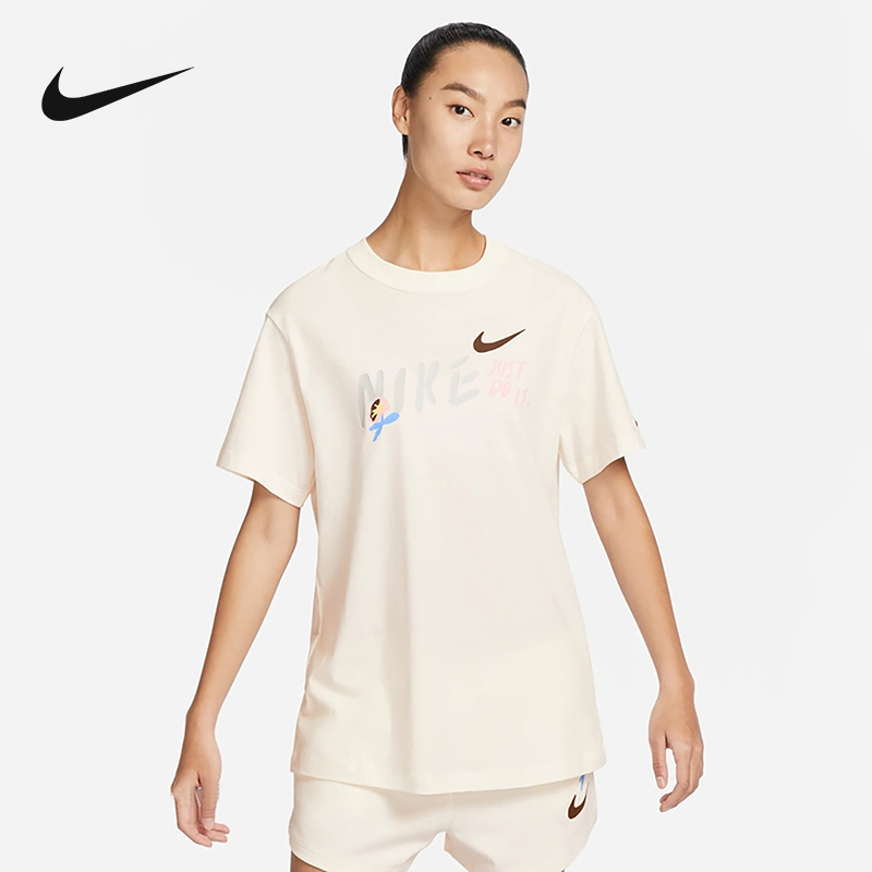 nike耐克女子t恤夏新款宽松纯棉印花针织舒适圆领短袖fj7714133视频