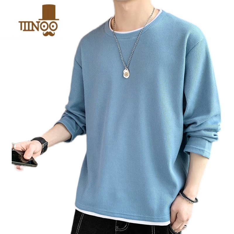 YANXU华夫格卫衣男长袖t恤圆领宽松大码薄款假美式外套高清大图