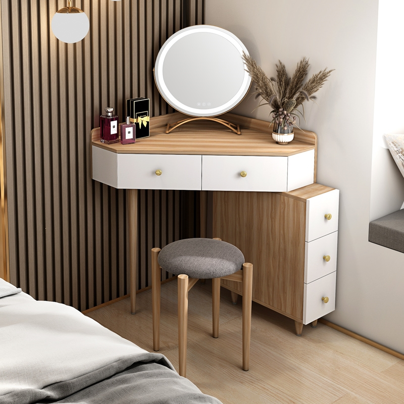 轻奢三角转角梳妆台一体大容量拐角藤印象化妆桌北欧现代简约卧室收纳