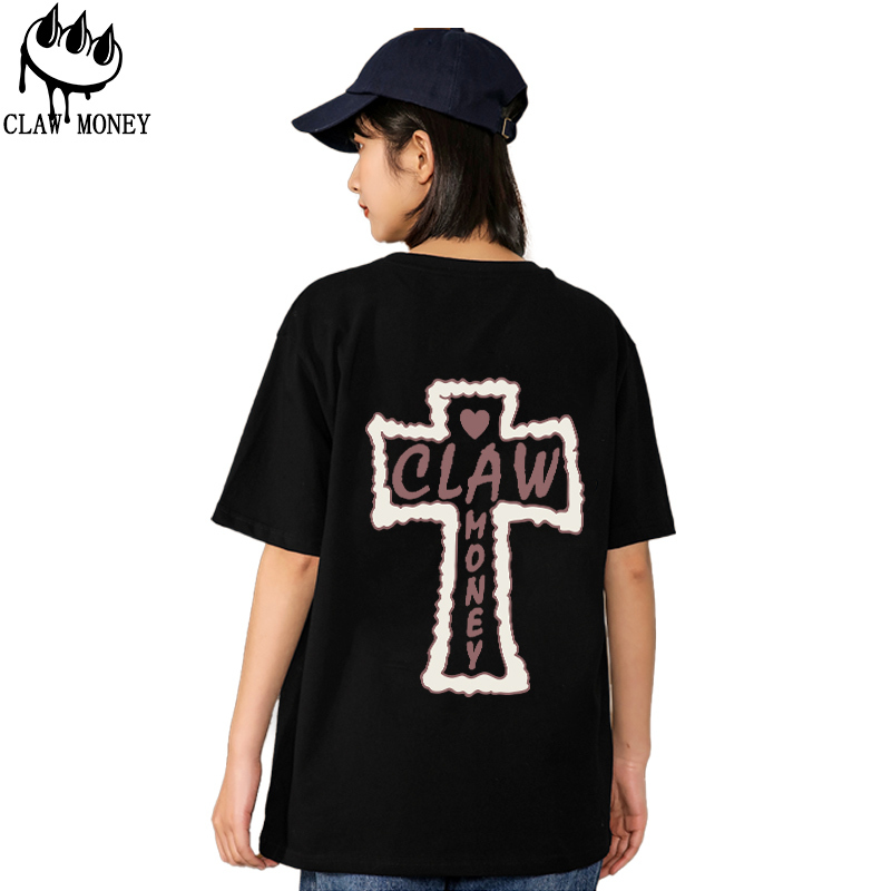 clawmoney万有引力云朵十字t恤高街ins潮纯棉美式复古情侣t恤