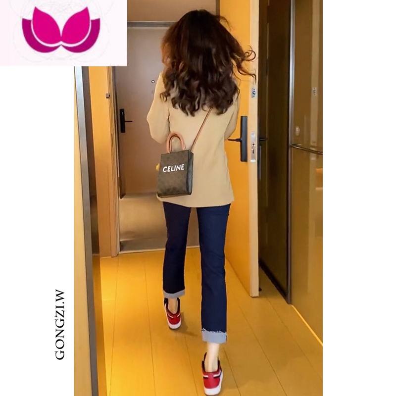 七斓高级时装套装减龄春装时尚复古英伦风西装外套女卷边牛仔裤套高清大图