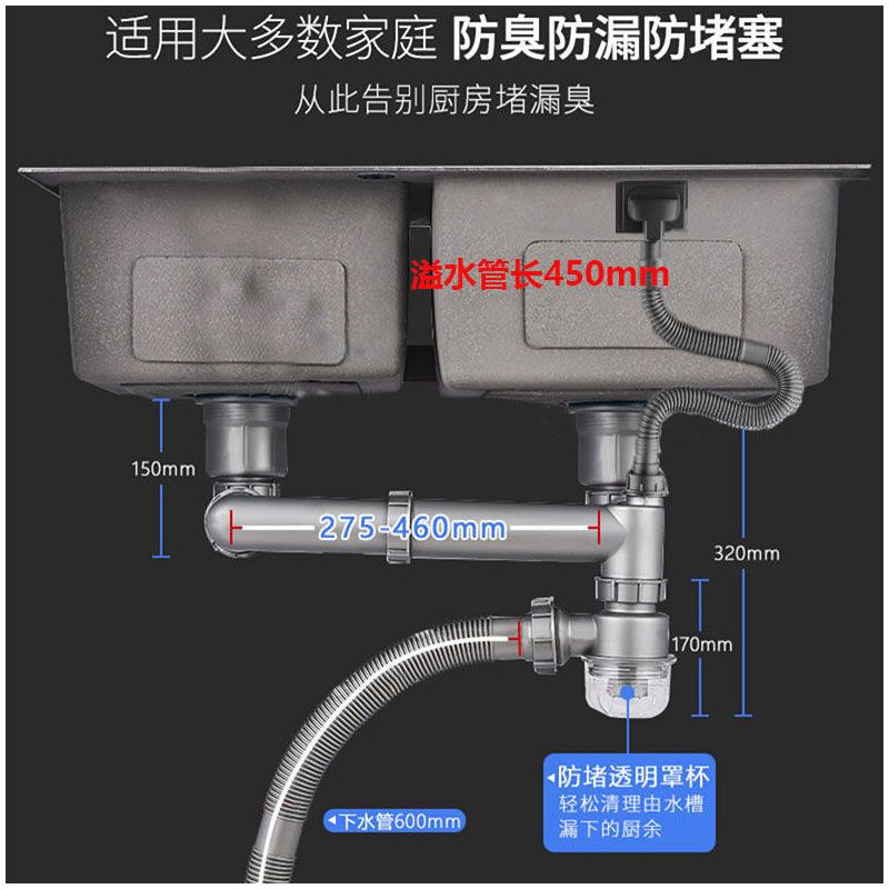 厨房水槽下水器后置靠墙不锈钢单双槽接水管配件洗菜盆手盘下水管|C款双槽下水器110钢头