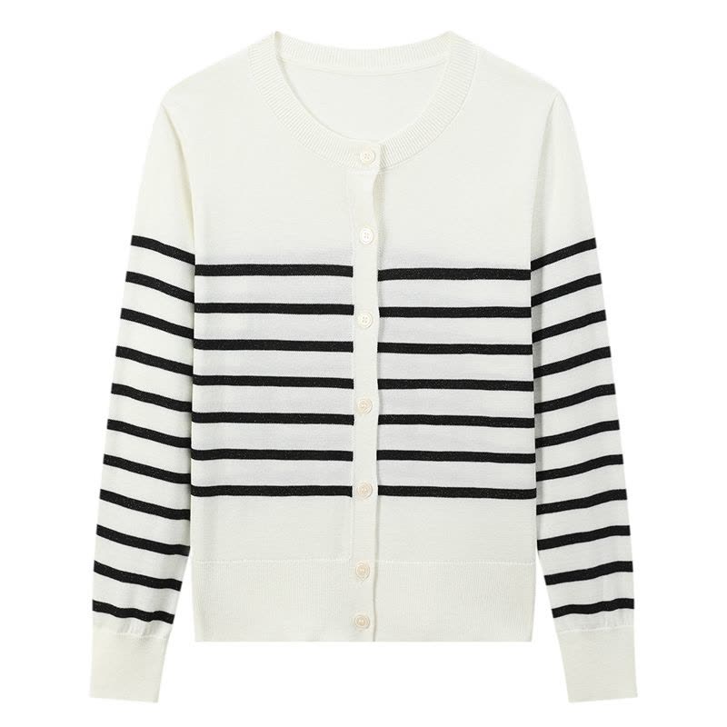 [含羊毛]恒源祥针织衫2024秋冬新款女士圆领条纹单排扣开衫图片