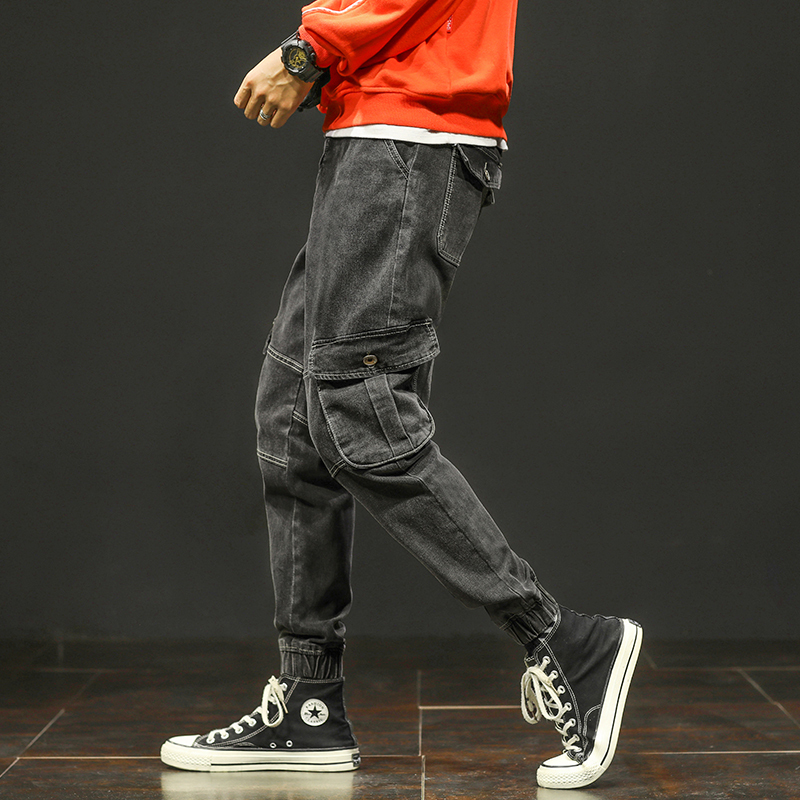 lake机车牛仔裤男潮牌宽松潮胖机能工装坠感束脚裤学生大码束口男裤子