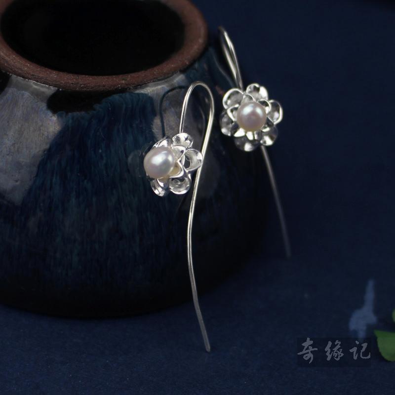 日韩版天然珍珠耳坠925纯银唯美花朵耳环女气质甜美耳钉 时尚饰品送女朋友老婆生日礼物送女朋友七夕情人节礼物