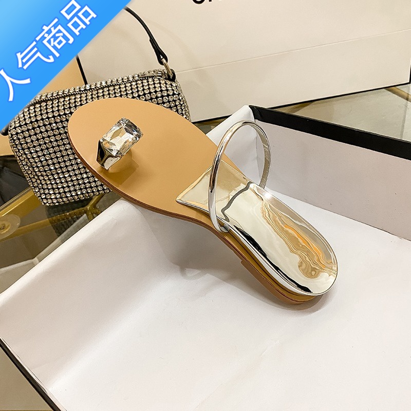 SUNTEK鸽子蛋拖鞋女外穿2023夏季仙女水钻简约凉鞋夹趾一字平底法式凉拖高清大图