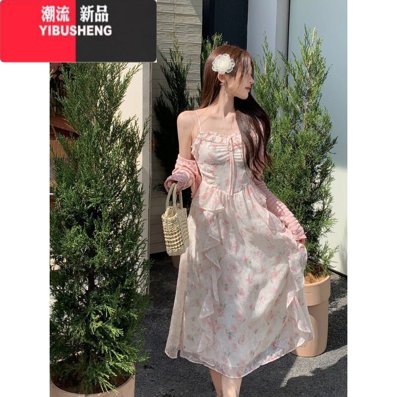 YIBUSHENG大码女装法式温柔风碎花连衣裙季显瘦吊带裙胖MM裙子防晒衫套装高清大图