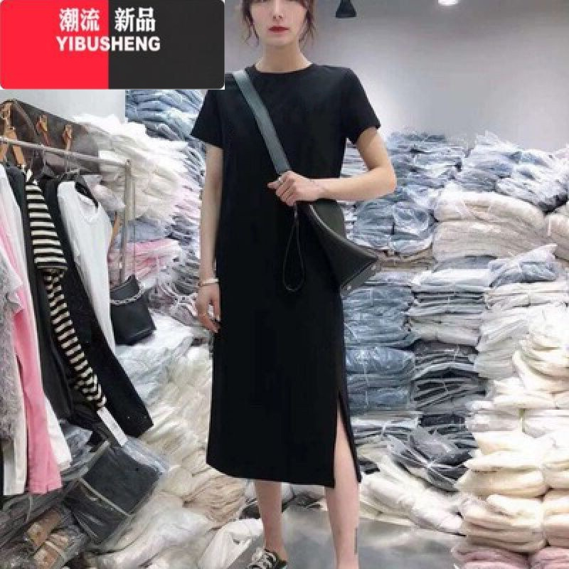 YIBUSHENG过膝长裙季短袖T恤女中长款2024新款连衣裙宽松设计感小众显瘦