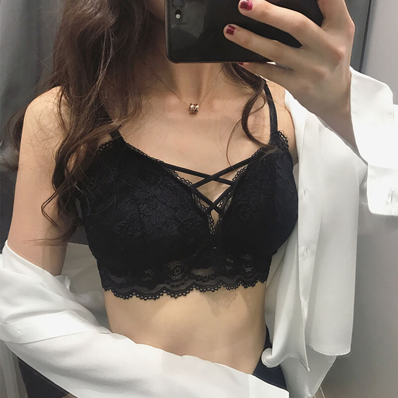 春装女装韩版小性感交叉V型文胸蕾丝钩花带内衣打底抹胸女黑色均码