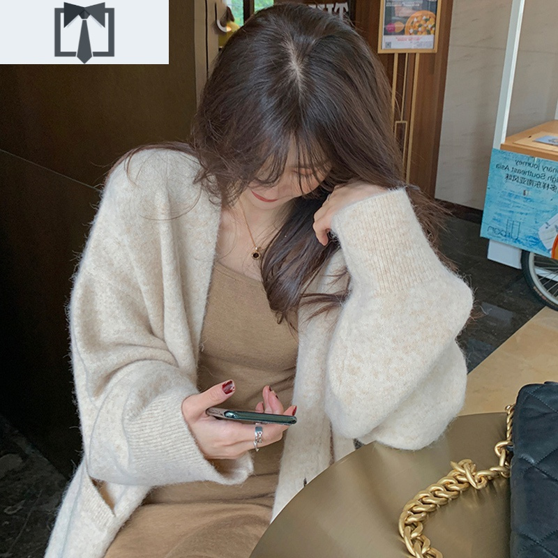 SUNTEK燕麦色v领开衫毛衣女外穿春秋宽松慵懒风温柔中长款外搭针织外套毛衣