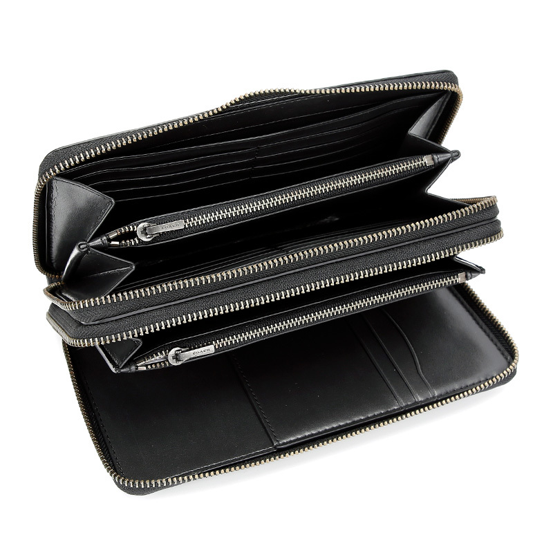 蔻驰coach奢侈品男士专柜款十字纹皮革双拉链手拿包钱包黑色25686blk