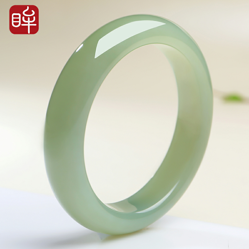 印象眸和田玉浅青玉手镯女款玉镯多口径可选附送证书母亲节礼物视频