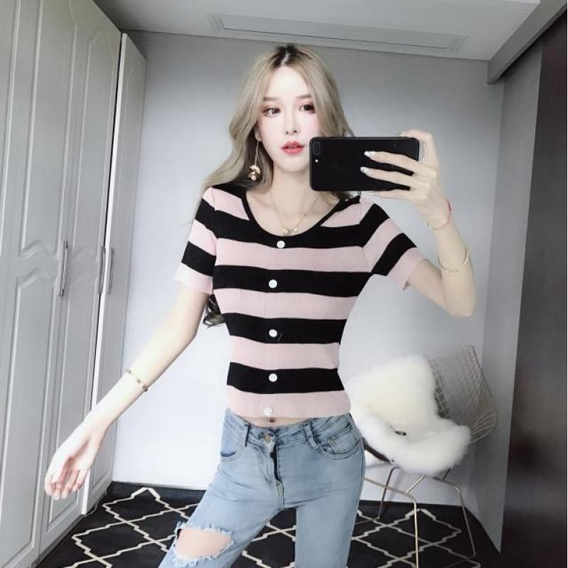 2018新款短袖短款衣服百搭条纹短装高腰露脐上衣紧身显瘦针织衫潮