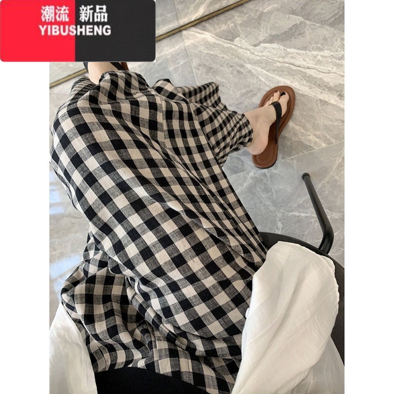 YIBUSHENG黑白格子裤女季高腰垂感慵懒美式阔腿日系休闲遛弯裤子小个休 2XL 黑白色