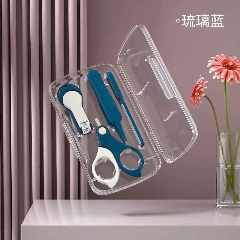 婴儿指甲剪套装新生儿宝宝指甲刀防夹肉指甲钳安全儿童剪刀 透明盒装-玻璃蓝-4件套