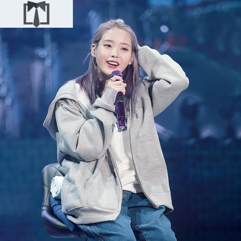 suntekiu李知恩明星同款灰色韩版开衫拉链口袋长袖连帽卫衣定制外套女