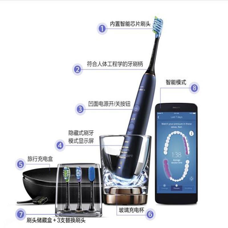 飞利浦(PHILIPS)HX9954/52 电动牙刷蓝牙版声波震动(自带刷头*4+充电旅行盒+充电玻璃杯)hx9954
