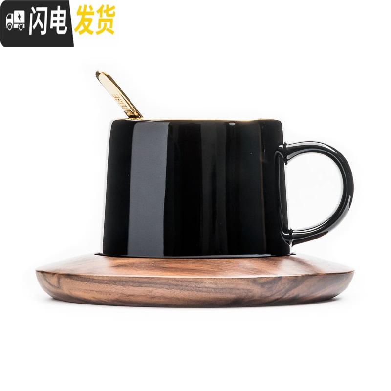 三维工匠维能宫馆 黑金马克杯 北欧式小单个陶瓷咖啡杯新年礼盒装 小资镀金藏青蓝+黑胡桃锥形杯垫附赠镀金搅拌棒咖啡器具高清大图