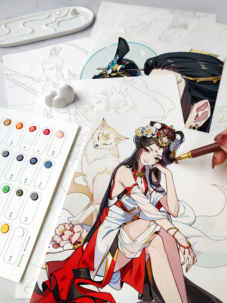 封神涂色线稿集+水彩填色套装 [正版]封神 水彩线稿集 朝歌风云 8张填色线稿 古风线稿临摹涂色集 封神榜纣王妲己杨戬哪高清大图