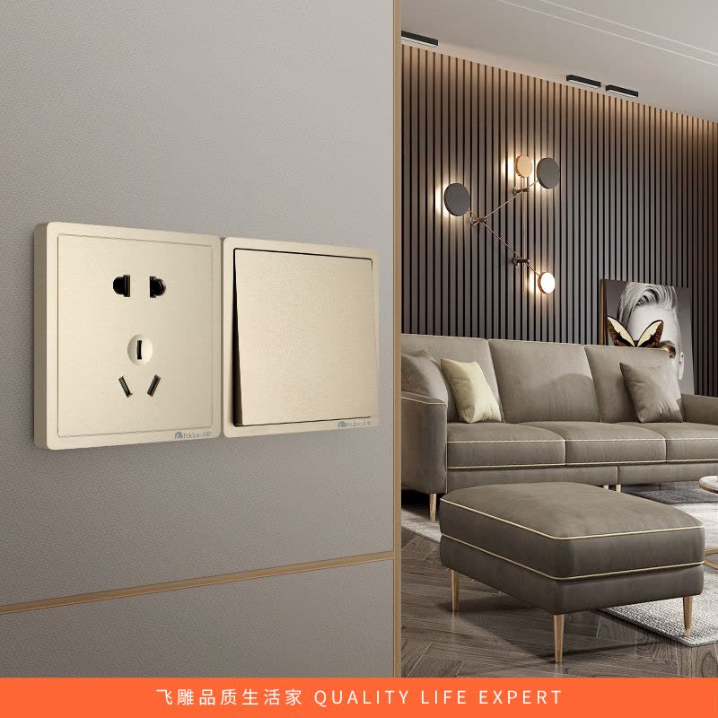 飞雕(FEIDIAO)开关插座 86型家用暗装超大面板 品意系列电源墙壁开关面板 品意金二开多控图片