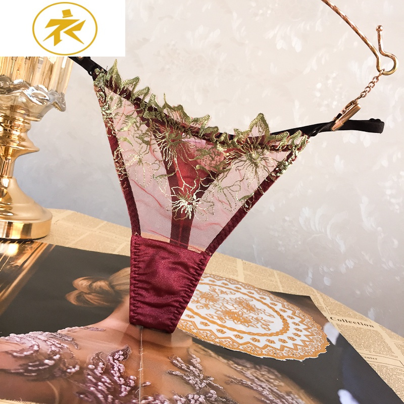 ideamini欧美网纱刺绣丁字裤女蕾丝女裤女性感可调节低腰迷人透视诱惑