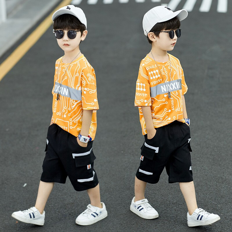 儿童中大童时尚洋气短袖t恤短裤两件套夏天小男孩夜光衣服315岁视频