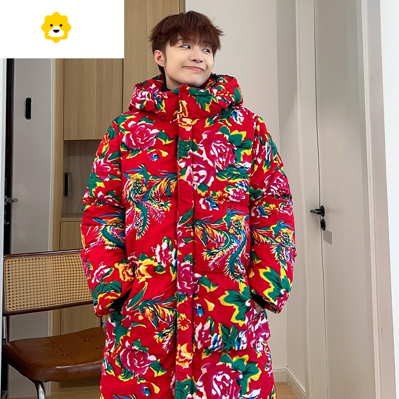 basket新款长款棉衣外套东北大花中国风汉服宽松p暖防寒连帽棉袄男