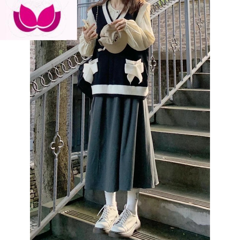 七斓女装温柔茶系穿搭早春装搭配一整套法式连衣裙子茶里茶气套装高清大图