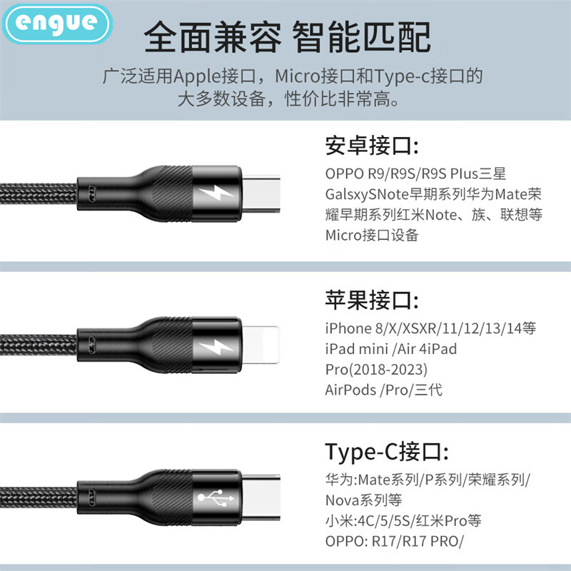 engue恩谷 66W超级快充编织一拖三数据线手机用USB充电线 适用各种手机EG-918 黑色高清大图