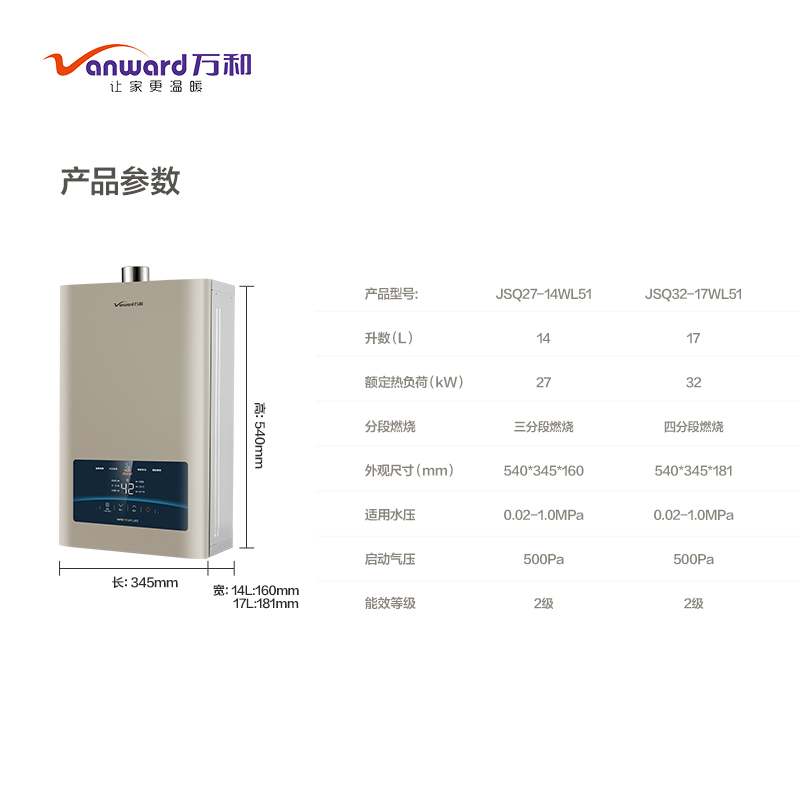 万和(Vanward) 14升燃气热水器JSQ27-14WL51 天然气热水器 小体积零冷水变频增压 水气双调恒温双防冻