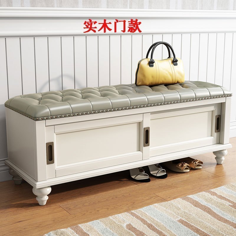 口换鞋凳可坐收纳凳鞋柜多功能厅进美式实木穿鞋凳柜 （象牙白）100CM长实木门款