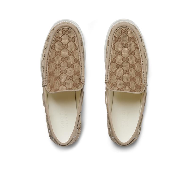 古驰(GUCCI)男户外休闲鞋米色乌木色帆布橡胶鞋面乐福鞋男鞋透气高清大图