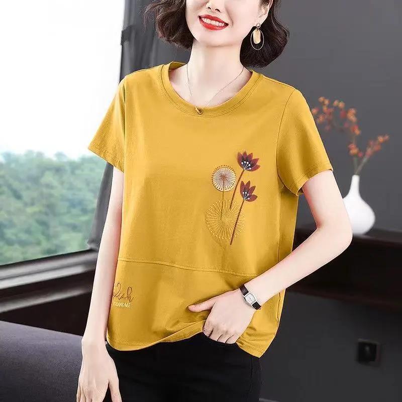 棉质短袖t恤女圆领绣花2022新款潮春夏韩版宽松妈妈外穿遮肚上衣威珺