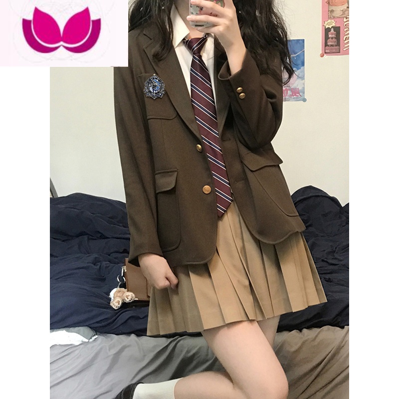 七斓日系学院风JK西装外套正版制服女学生校供感西服套装全套 M 茶色西装送徽章