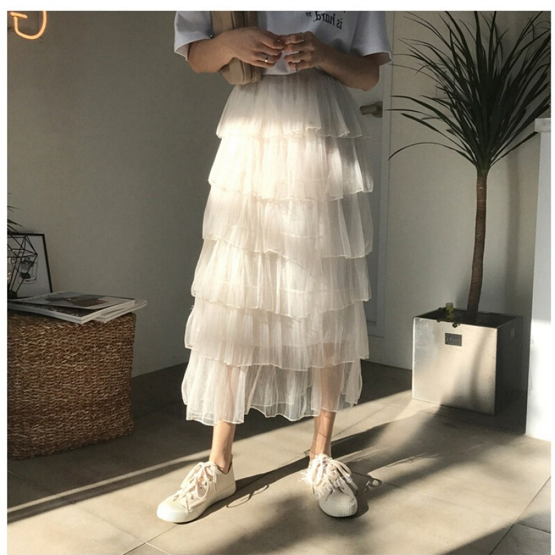 2018新款夏ins超火的网纱百褶裙半身裙高腰多层次仙女长裙米白色均码