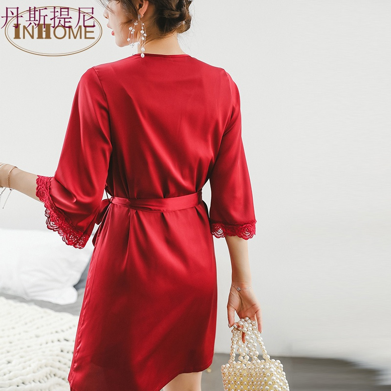 结婚睡衣新婚女秋 红色家居服套装 新娘蕾丝带冰丝绸情侣本命年