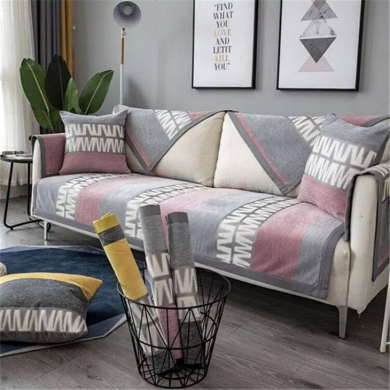 家柏饰(CORATED)沙发垫 四季通用防滑沙发巾盖布北欧简约加厚 沙发套全包套罩 雪尼尔灰粉字母 70*70cm高清大图