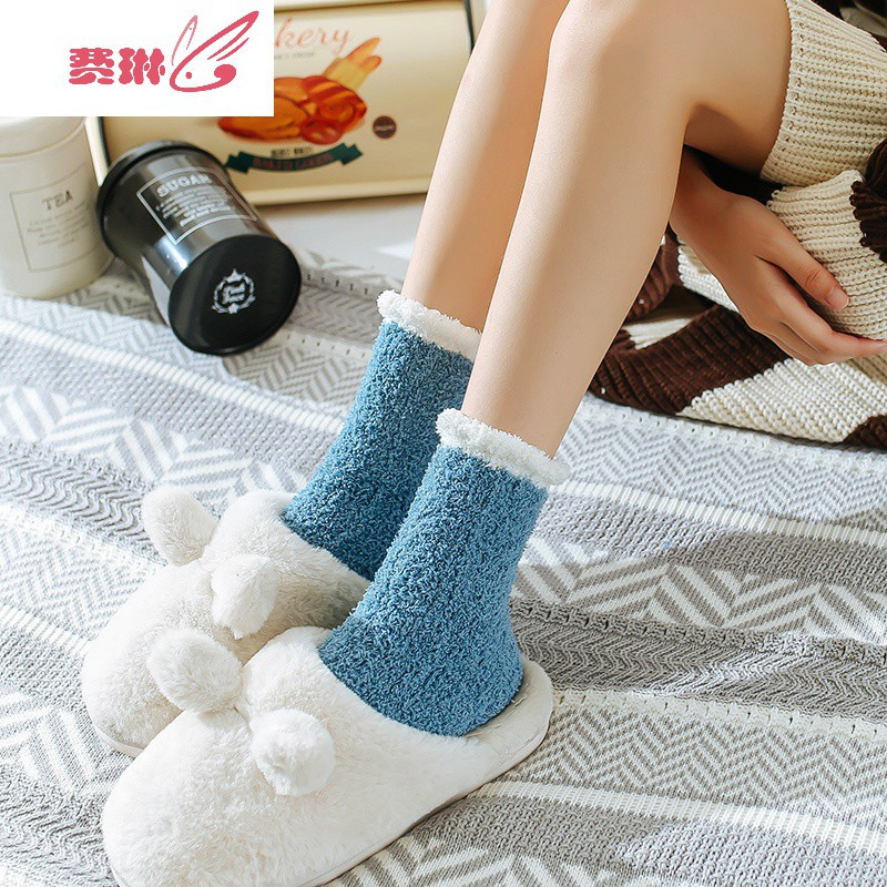 袜子女珊瑚绒睡眠毛毛绒家居加绒加厚月子袜毛巾地板睡觉穿费琳